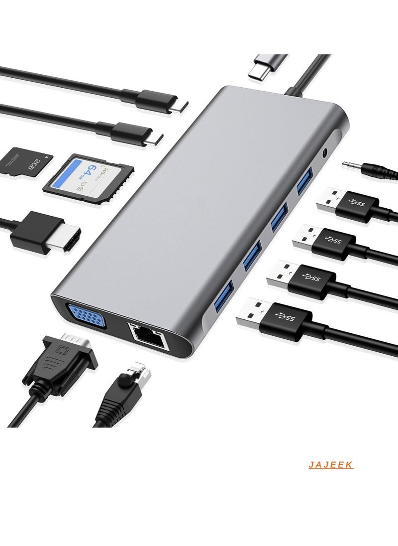 JAJEEK 12-in-1 USB C Hub Docking Station with 4K HDMI, VGA, USB 3.0, Ethernet, SD/TF Card Reader – Ultimate Adapter for MacBook Pro, Air & Type-C Devices – Expand Your Connectivity and Productivity  - Image 1