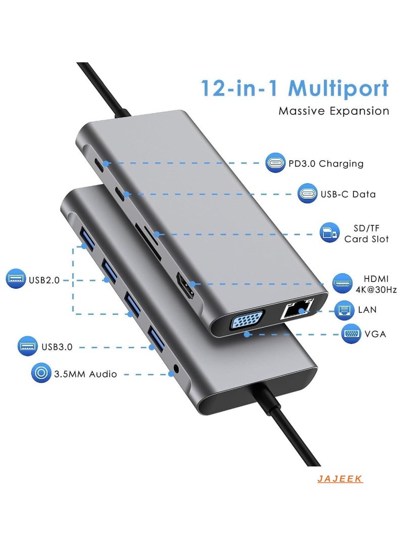 JAJEEK 12-in-1 USB C Hub Docking Station with 4K HDMI, VGA, USB 3.0, Ethernet, SD/TF Card Reader – Ultimate Adapter for MacBook Pro, Air & Type-C Devices – Expand Your Connectivity and Productivity  - Image 2