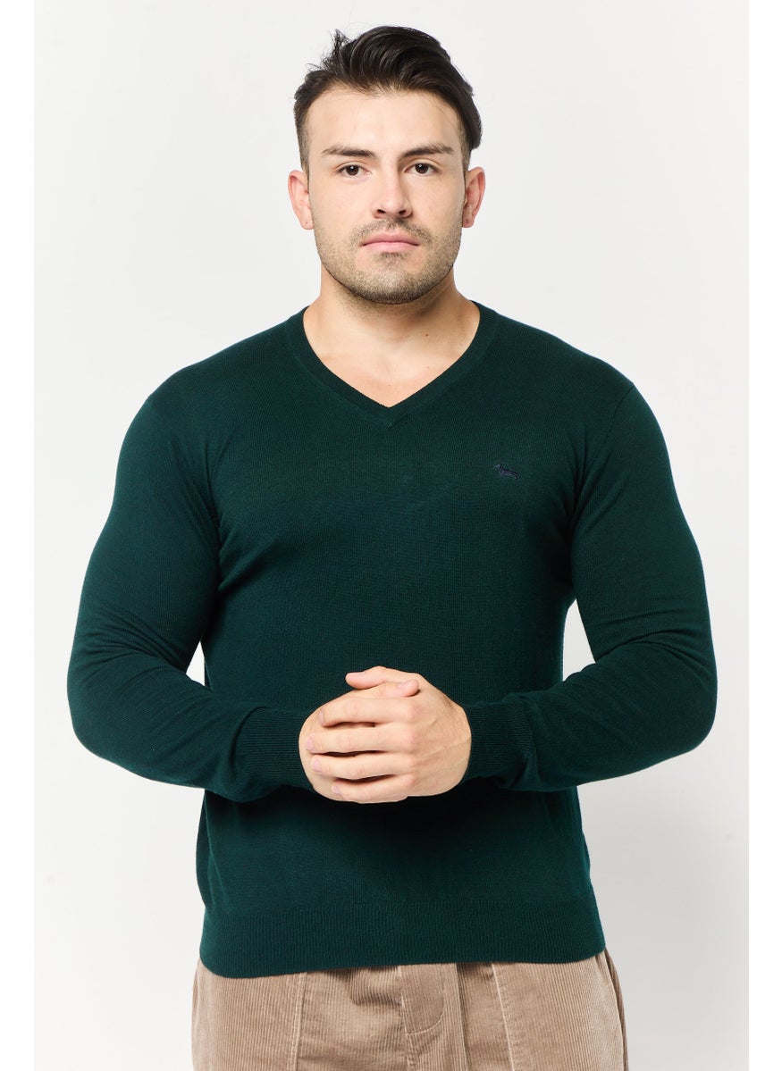 Harmont & Blaine Men V Neck Long Sleeve Brand Logo Sweater, Green  - Image 1