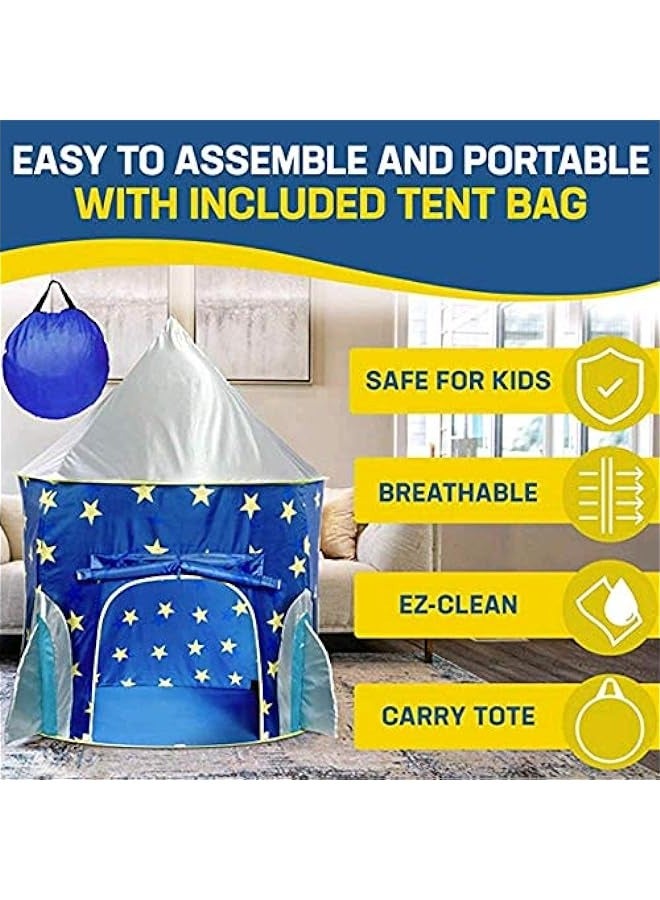 DURKU Blue Foldable Pop Up Rocket Ship Kids Tent - Space Themed Pretend Play House for Children - Image 4