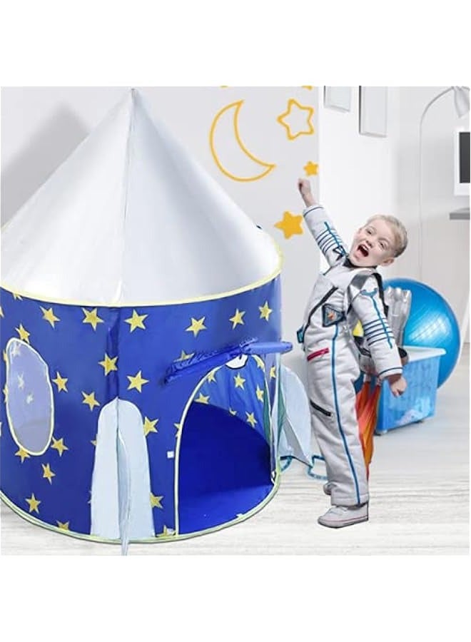 DURKU Blue Foldable Pop Up Rocket Ship Kids Tent - Space Themed Pretend Play House for Children - Image 5