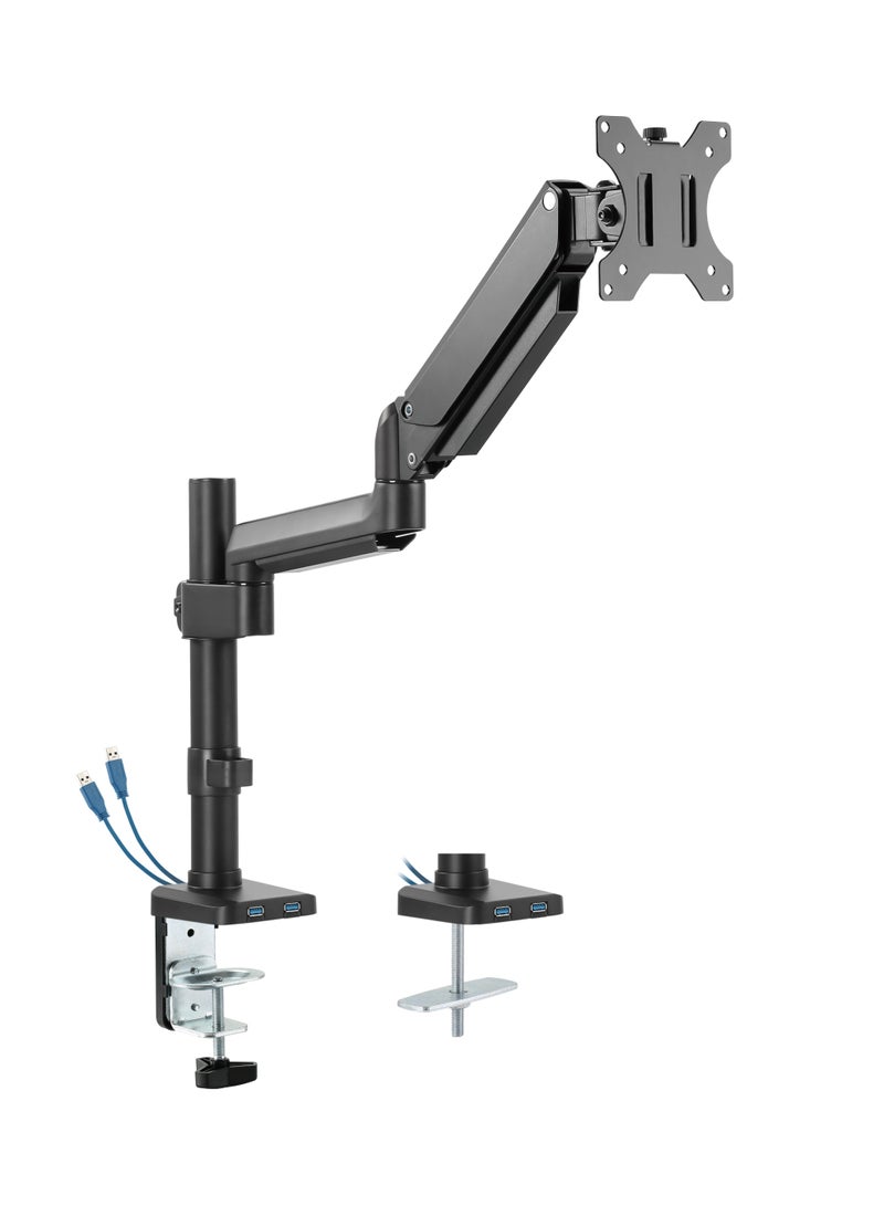 Skill Tech Skilltech SHT26 C012UP Gas Spring Single Monitor Arm 17–32", 1.5–8kg Load, USB 3.0 Ports, Full Motion Tilt/Swivel/Rotation, Max VESA 100×100, Clamp & Grommet Installation – Matte Black - Image 1