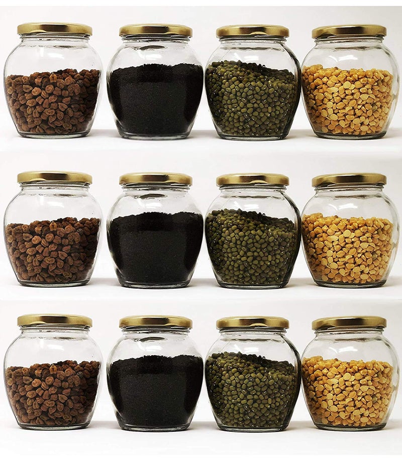 SITOVI Transparent Glass Jar and Container Air Tight Gold Lid for Kitchen 400 ml Pot Glass Mataka Jar with Airtight Metal Lid Pack of (12) - Image 1