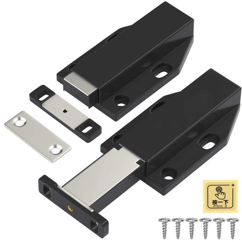 Jiayi Touch Latch Jiayi Heavy Duty Push Open Cabinet Hardware Magnetic Push Spring Latch for Large Door Release Latch Pop up Hidden Door Catch Cabinet Magnets Push Close for Cupboard Drawer (Black, 2 Pack) - Image 1