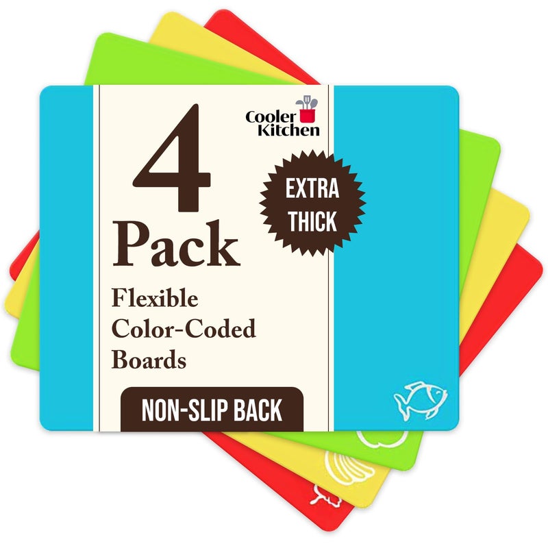 Cooler Kitchen 4 Piece Flexible Plastic Cutting Boards for Kitchen, BPA Free Plastic Cutting Mats For Kitchen - Extra Thick Chopping Mats - Each Board Mat Color Coded with Food Icons - Non Slip Back Dishwasher Safe - Image 1