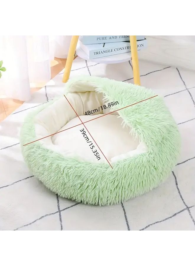 Green Winter Cat Bed With Cover Warm Plush Anti Kick Design Semi Enclosed Machine Washable 40cm - Image 1