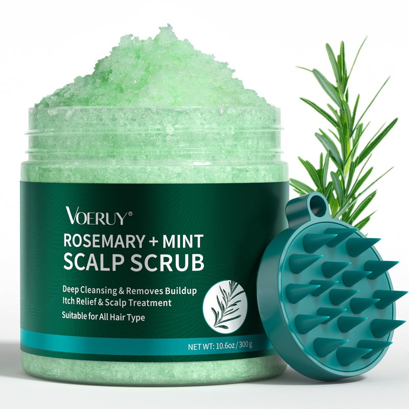 VOERUY Scalp Scrub, Rosemary Scalp Exfoliator Scrub Shampoo, 2-in-1 Scalp Treatment with Mint Oil, Hair Treatment to Clarify and Remove Build Up with Silicone Scalp Massager, 10.6oz/300g - Image 1