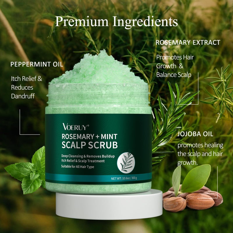 VOERUY Scalp Scrub, Rosemary Scalp Exfoliator Scrub Shampoo, 2-in-1 Scalp Treatment with Mint Oil, Hair Treatment to Clarify and Remove Build Up with Silicone Scalp Massager, 10.6oz/300g - Image 3