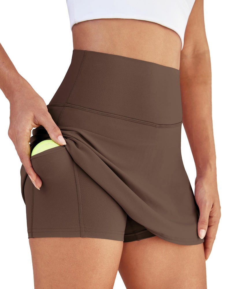 DLOODA Womens Skort Tennis Skirt with Pocket Shorts Mini Golf Skirts High Waisted Athletic Skorts Summer Workout Brown - Image 2