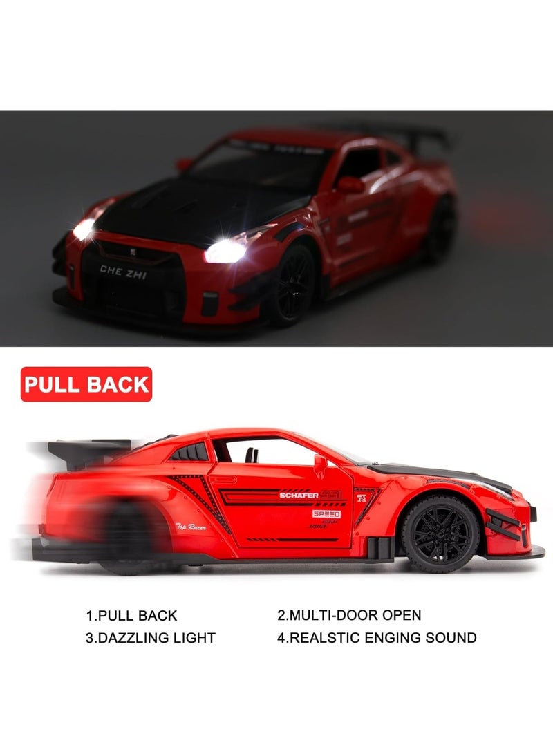 1/24 Scale Nissan GTR Model Car Toy, Zinc Alloy Pull Back with Sound & Light, Red - Image 4