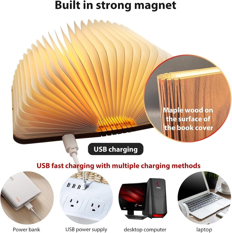 XERGY USB Rechargeable Wooden LED Book Lamp with 3 Color Modes, Foldable 360° Design, 1000mAh Battery - Mood Lighting, Night Light, Table & Bedside Decorative Lamp Unique Gifts for Book Lovers - Image 3