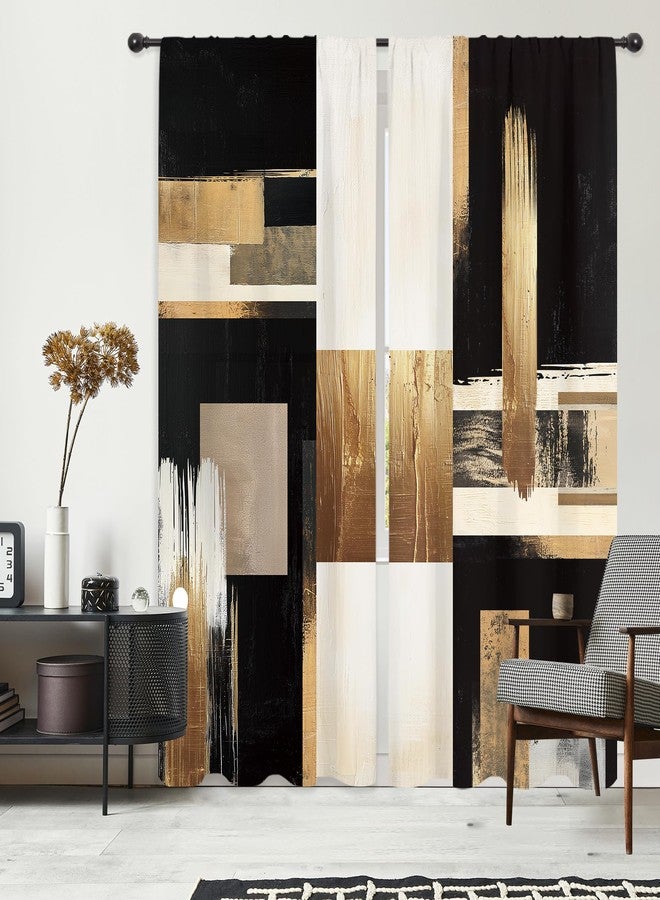 Riyidecor Black Gold Abstract Curtains Boho Modern Aesthetic Oil Painting Artistic Contemporary Golden Beige Rod Pocket Simple Neutral Bedroom Living Room Treatment Fabric 2 Panels 52Wx84H Inch - Image 5