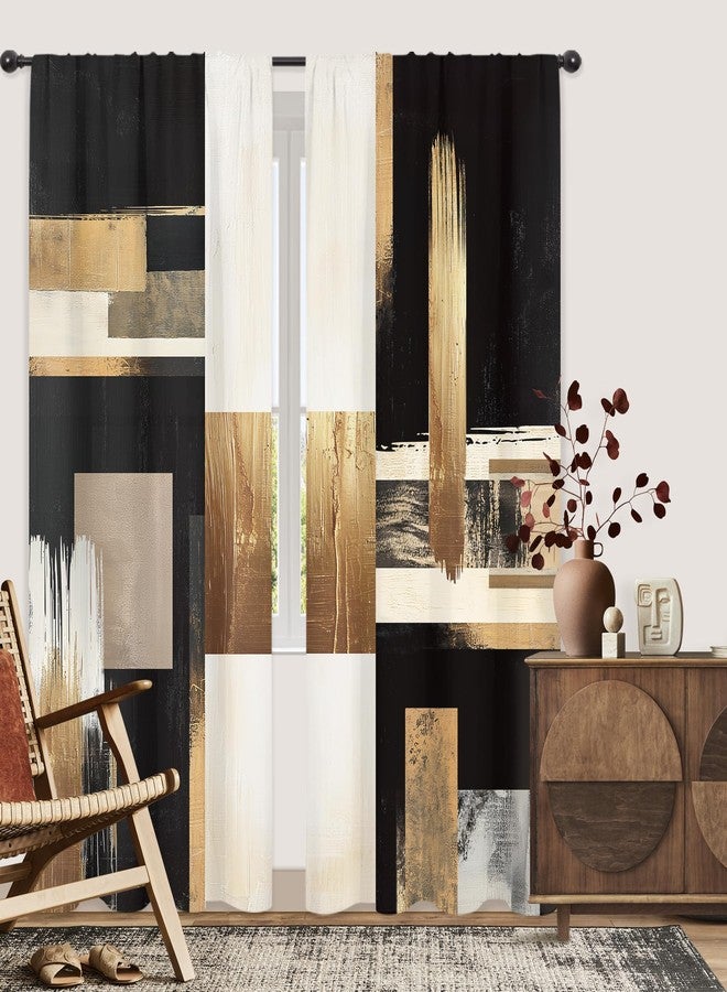 Riyidecor Black Gold Abstract Curtains Boho Modern Aesthetic Oil Painting Artistic Contemporary Golden Beige Rod Pocket Simple Neutral Bedroom Living Room Treatment Fabric 2 Panels 52Wx84H Inch - Image 3
