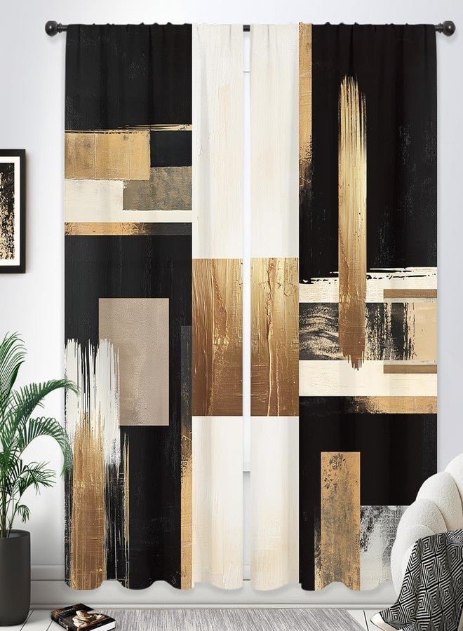 Riyidecor Black Gold Abstract Curtains Boho Modern Aesthetic Oil Painting Artistic Contemporary Golden Beige Rod Pocket Simple Neutral Bedroom Living Room Treatment Fabric 2 Panels 52Wx84H Inch - Image 1