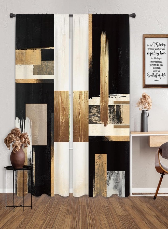 Riyidecor Black Gold Abstract Curtains Boho Modern Aesthetic Oil Painting Artistic Contemporary Golden Beige Rod Pocket Simple Neutral Bedroom Living Room Treatment Fabric 2 Panels 52Wx84H Inch - Image 4