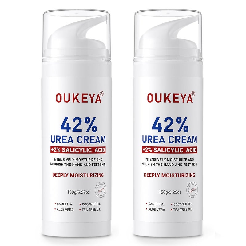 OUKEYA Urea Cream 42% plus Salicylic Acid 2% Intensive Repair Treatment for Cracked Skin on Hands, Heels, Elbows, and Lips - Relief for Dry Feet - Enhanced Pump Dispenser Packaging 2 Pack