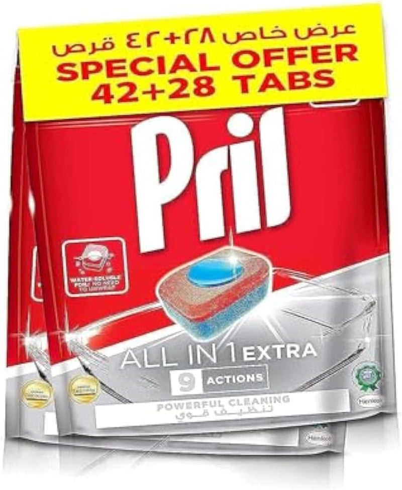 Pril Dishwasher Tablets Powerful Cleaning All In 1, 42 Tabs + 28 Tabs Pack May Vary