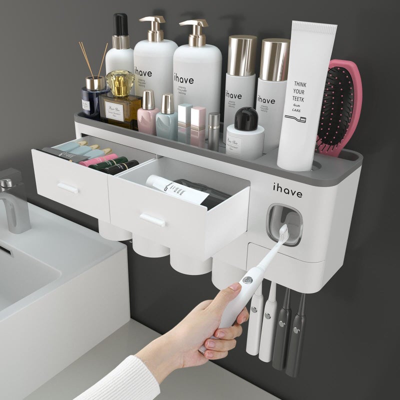 iHave iHave Toothbrush Holders for Bathrooms, 4 Cups Toothbrush Holder Wall Mounted with Toothpaste Dispenser - Large Capacity Tray, 2 Cosmetic Drawer - Bathroom Organizer & Bathroom Accessories Set  - Image 1