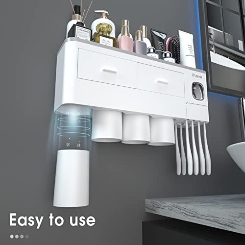 iHave iHave Toothbrush Holders for Bathrooms, 4 Cups Toothbrush Holder Wall Mounted with Toothpaste Dispenser - Large Capacity Tray, 2 Cosmetic Drawer - Bathroom Organizer & Bathroom Accessories Set  - Image 3