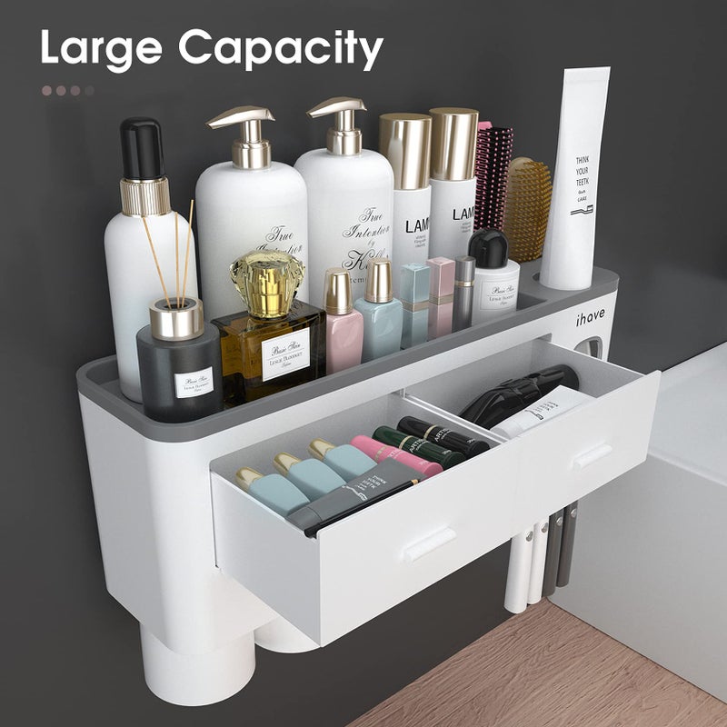 iHave iHave Toothbrush Holders for Bathrooms, 4 Cups Toothbrush Holder Wall Mounted with Toothpaste Dispenser - Large Capacity Tray, 2 Cosmetic Drawer - Bathroom Organizer & Bathroom Accessories Set  - Image 2