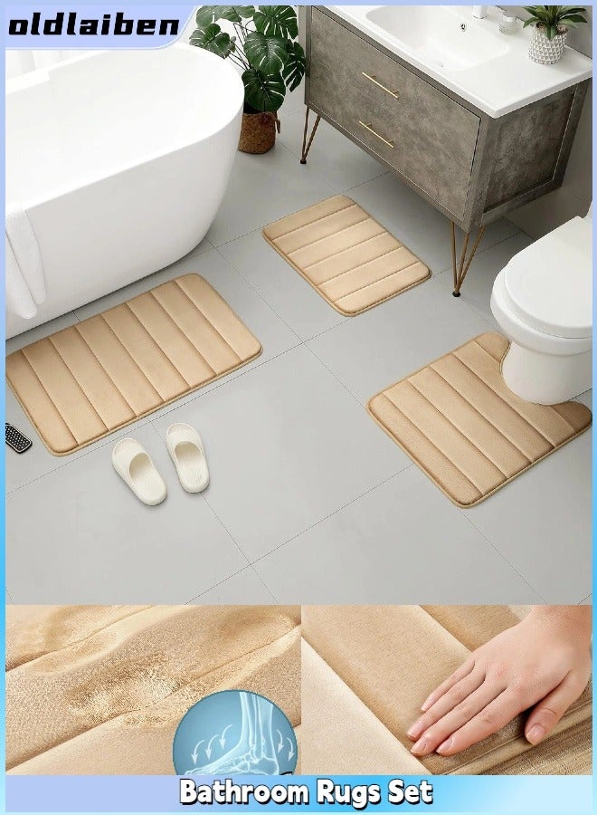 oldlaiben Bathroom Rugs Set, Memory Foam Bath Mats, Non-Slip Bath Rug Set 3 Piece, Washable Bathroom Mats, Absorbent Shaggy Rugs Super Soft U-Shaped Toilet Rug, Bathroom Carpets for Bathroom, Tub, Shower (Camel)  - Image 1