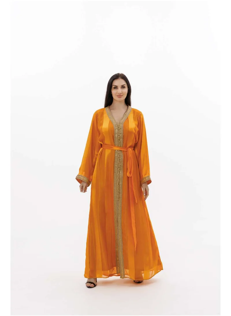 HANA & SARA LONG CLASSY SIMPLE LIGHT ORANGE COLOUR FRONT LACE BUTTON LINING ARABIC KAFTAN JALABIYA DRESS