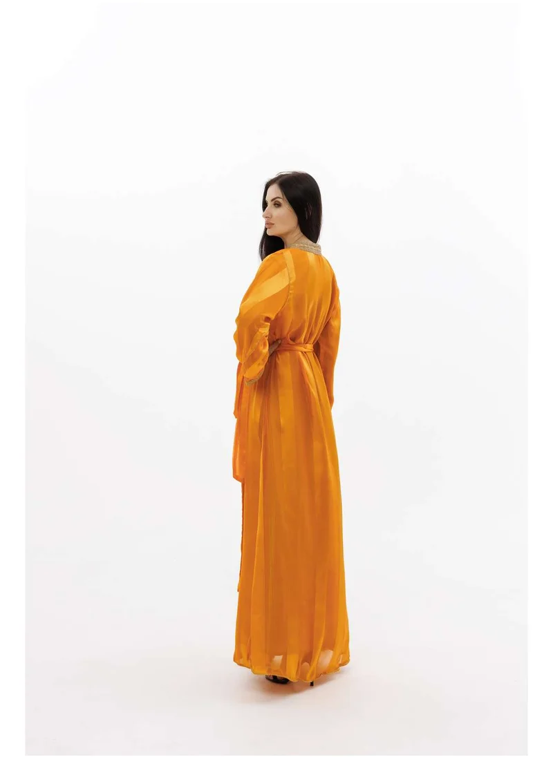 HANA & SARA LONG CLASSY SIMPLE LIGHT ORANGE COLOUR FRONT LACE BUTTON LINING ARABIC KAFTAN JALABIYA DRESS