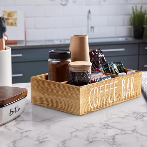 ALELION Brown Coffee Station Organizer - Wood Coffee Bar Accessories Organizer with Removable Dividers for Pods Condiment Syrup Tea Cups Stirrers - for Farmhouse Coutertop Decor - Image 5