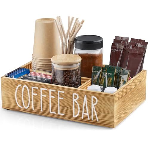 ALELION Brown Coffee Station Organizer - Wood Coffee Bar Accessories Organizer with Removable Dividers for Pods Condiment Syrup Tea Cups Stirrers - for Farmhouse Coutertop Decor - Image 1