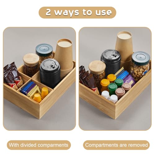 ALELION Brown Coffee Station Organizer - Wood Coffee Bar Accessories Organizer with Removable Dividers for Pods Condiment Syrup Tea Cups Stirrers - for Farmhouse Coutertop Decor - Image 2