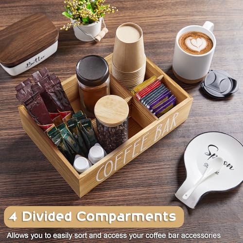 ALELION Brown Coffee Station Organizer - Wood Coffee Bar Accessories Organizer with Removable Dividers for Pods Condiment Syrup Tea Cups Stirrers - for Farmhouse Coutertop Decor - Image 3
