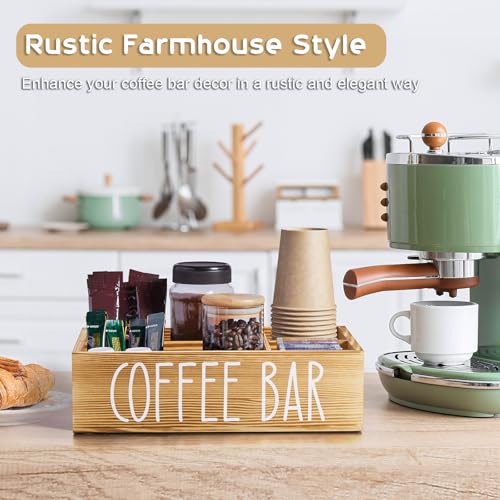 ALELION Brown Coffee Station Organizer - Wood Coffee Bar Accessories Organizer with Removable Dividers for Pods Condiment Syrup Tea Cups Stirrers - for Farmhouse Coutertop Decor - Image 4