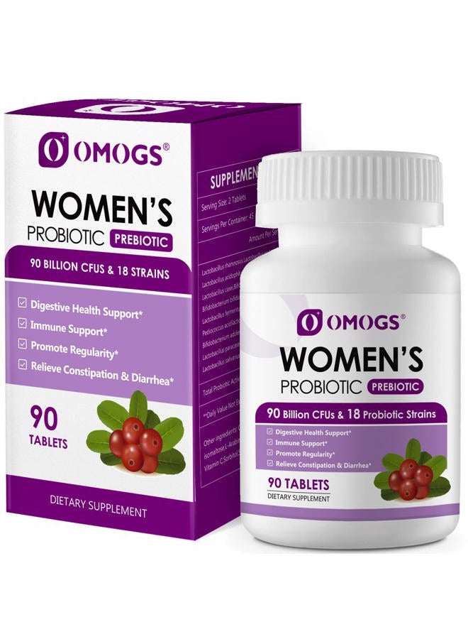 OMOGS Women's Probiotic, with Cranberry Extract, Organic Prebiotics & Vitamin C, 90 Billion CFUs,18 Strains, Help for Boost Immune, Digestive, Gut Health & Women's Health, Gluten & Soy Free,90 Tablets - Image 1