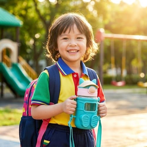 faas Premium Kids Sipper Water Bottle with Straw & Strap – Cute Design (BPA-Free, Leak-Proof) – Dual Handle Grip Ideal for Nursery to Class 2 School & Travel (Green, 450, Milliliters) - Image 4