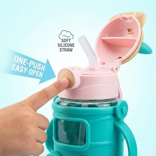 faas Premium Kids Sipper Water Bottle with Straw & Strap – Cute Design (BPA-Free, Leak-Proof) – Dual Handle Grip Ideal for Nursery to Class 2 School & Travel (Green, 450, Milliliters) - Image 2