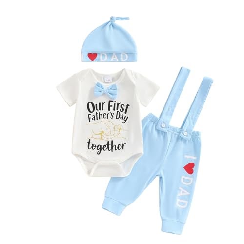 Bonangber My First Fathers Day Baby Boy Outfit Short Sleeve Romper Suspender Pants Set Newborn Fathers Day Baby Boy Outfit(E-Blue Dad,0-3 Months) - Image 1