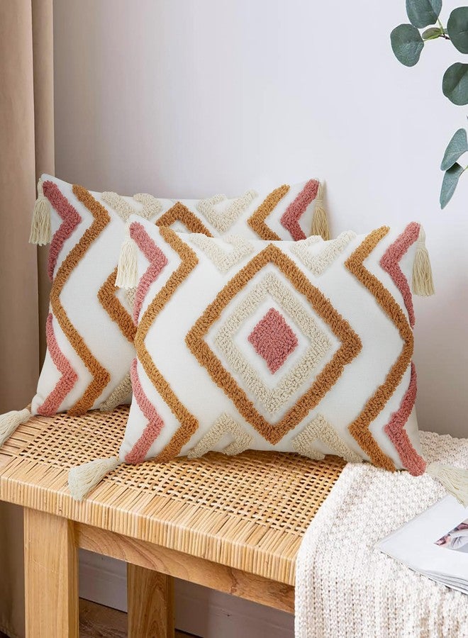 Merrycolor غطاء وسادة مريح بوهيمي 12x20 بوصة، أغطية وسائد زخرفية محشوة بوهيمية مع خيوط للكنبة، غرفة النوم، غرفة المعيشة، برتقالي ووردي - Image 2