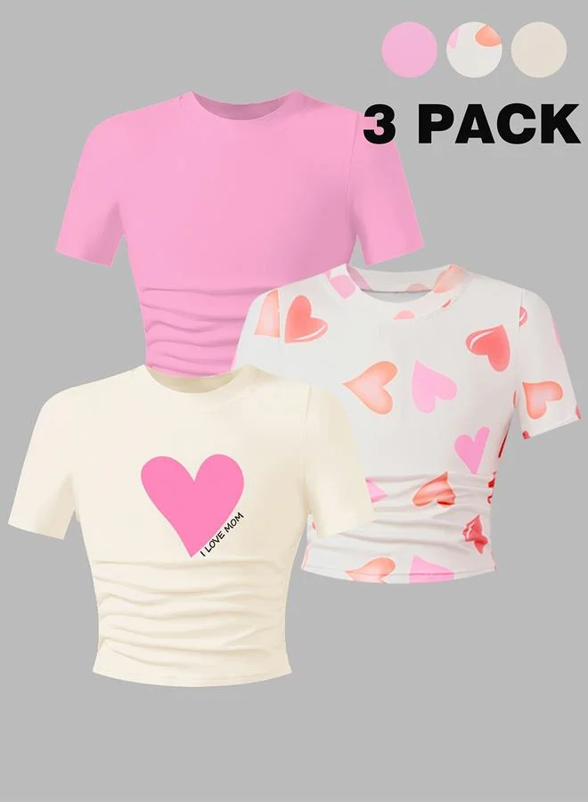 Take Two Take Two Pack of 3 - Girls Ruched Detail Heart Print T-Shirt