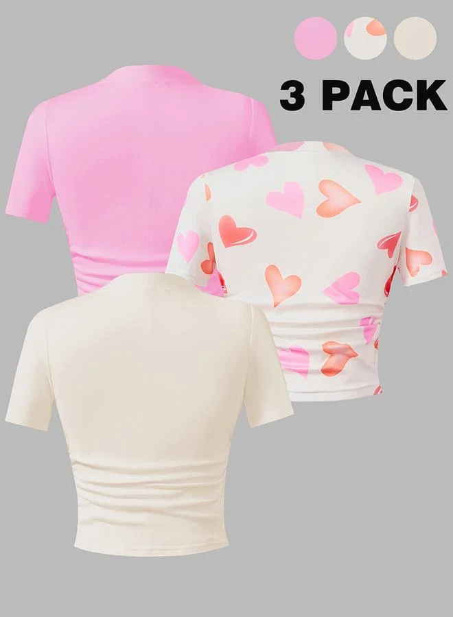 Take Two Take Two Pack of 3 - Girls Ruched Detail Heart Print T-Shirt