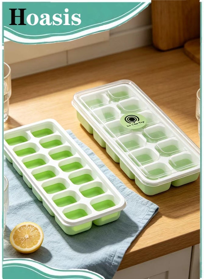 Hoasis 2 Pack Ice Cube Tray with Lid, Stackable Freezer Trays with Removable Lids, Easy Release Plastic & Silicone Ice Mold for Juice Coffee (Green) - Image 1