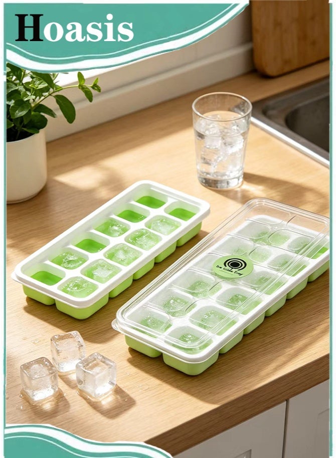 Hoasis 2 Pack Ice Cube Tray with Lid, Stackable Freezer Trays with Removable Lids, Easy Release Plastic & Silicone Ice Mold for Juice Coffee (Green) - Image 2