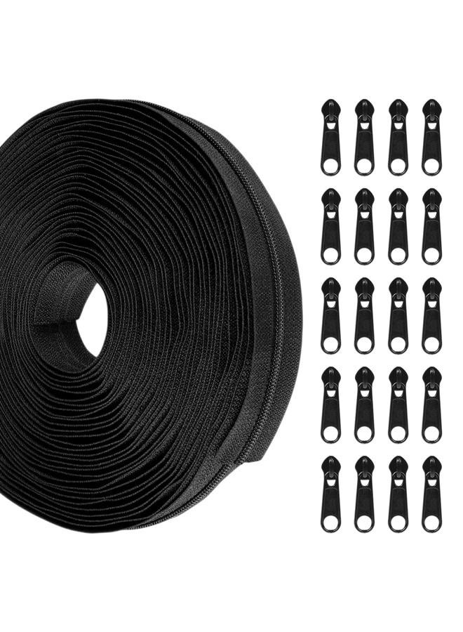 AUGHOA 10 Yards Bulk Zippers for Sewing, Black Nylon Coil #5 by The Yard with 20 Pcs Zipper Sliders, Zipper Replacement for DIY Sewing Craft Bags - Image 1