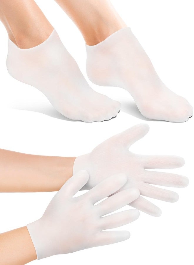 BLATOWN 2 Pairs Silicone Moisturizing Glove Socks Set, Anti Slip Soft Spa Gel Socks Softening Feet Dry Cracked Skin, Women Spa Pedicure Socks for Foot Hand Softening, Foot Care After Pedicure (White) - Image 1