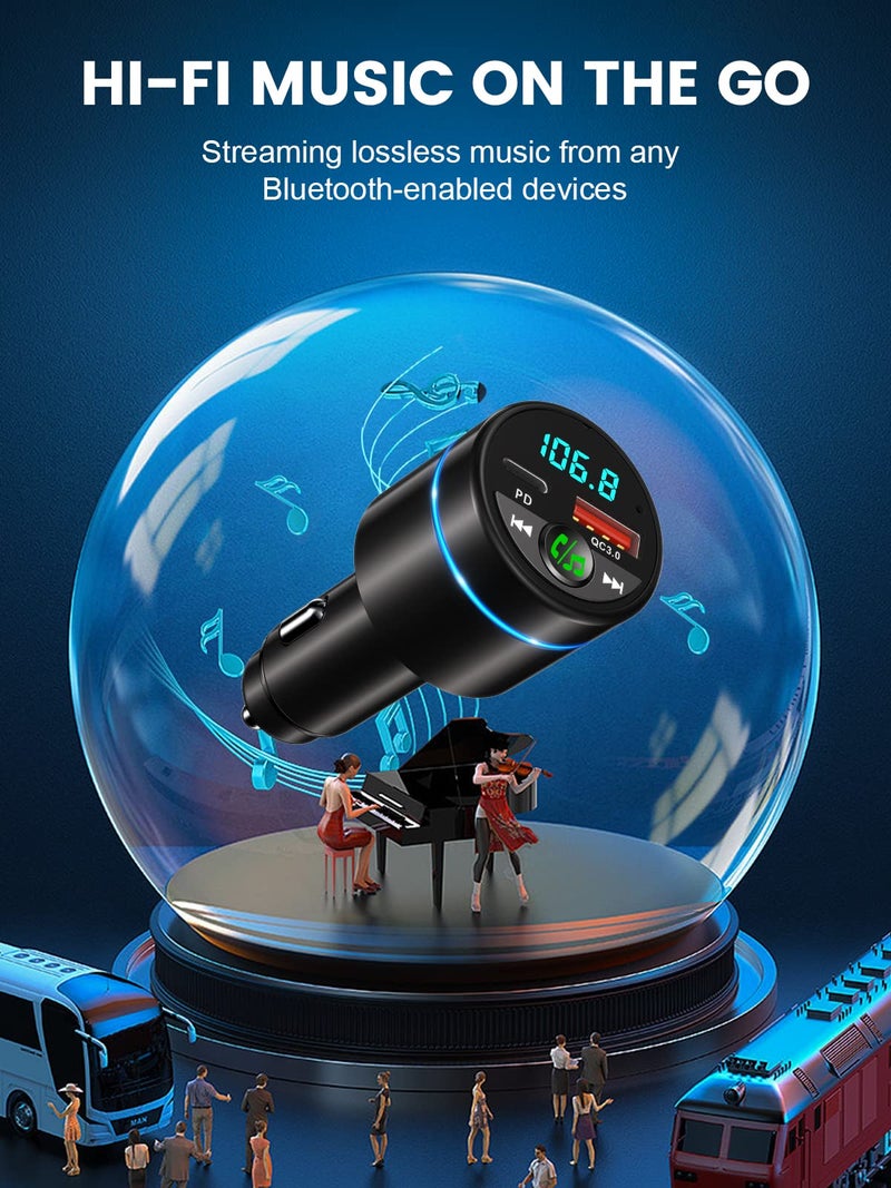 RIWUSI FM Transmitter for Car Bluetooth 5.3, [All-Metal] PD 30W & QC3.0 18W Fast Car Charger, Wireless FM Radio Car Kit Bluetooth Car Adapter, Noise Cancelling Hands-Free Call, Blue Light - Black - Image 4