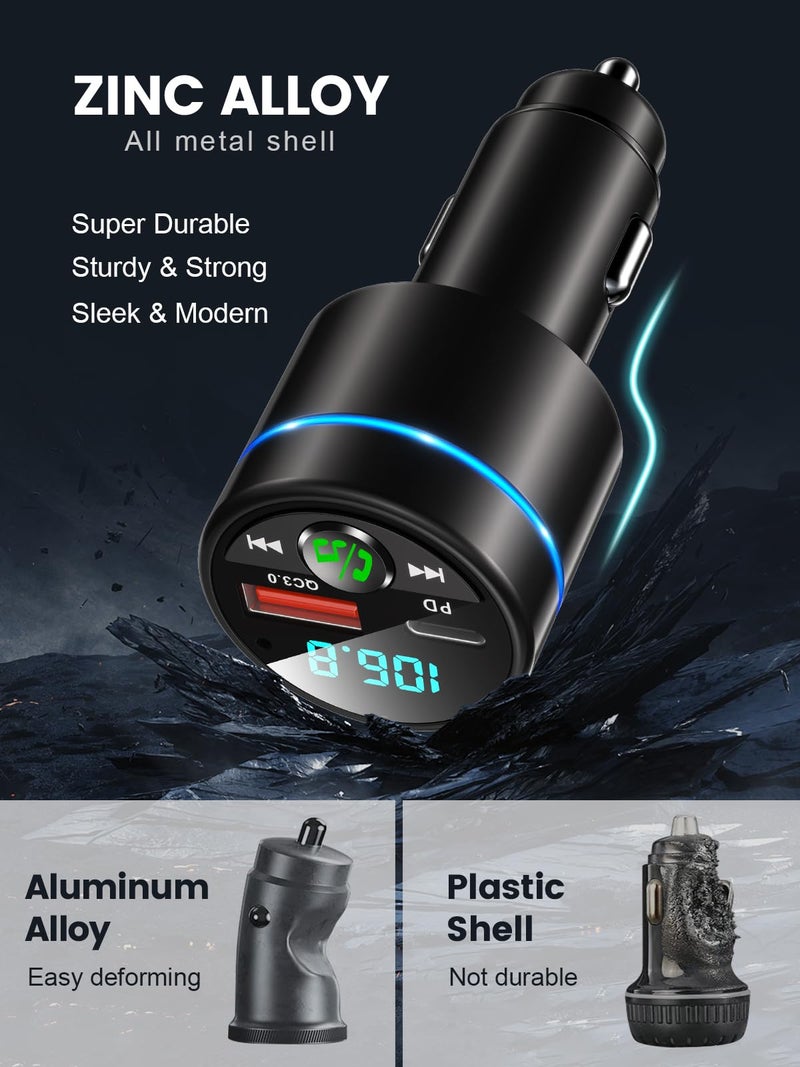 RIWUSI FM Transmitter for Car Bluetooth 5.3, [All-Metal] PD 30W & QC3.0 18W Fast Car Charger, Wireless FM Radio Car Kit Bluetooth Car Adapter, Noise Cancelling Hands-Free Call, Blue Light - Black - Image 2