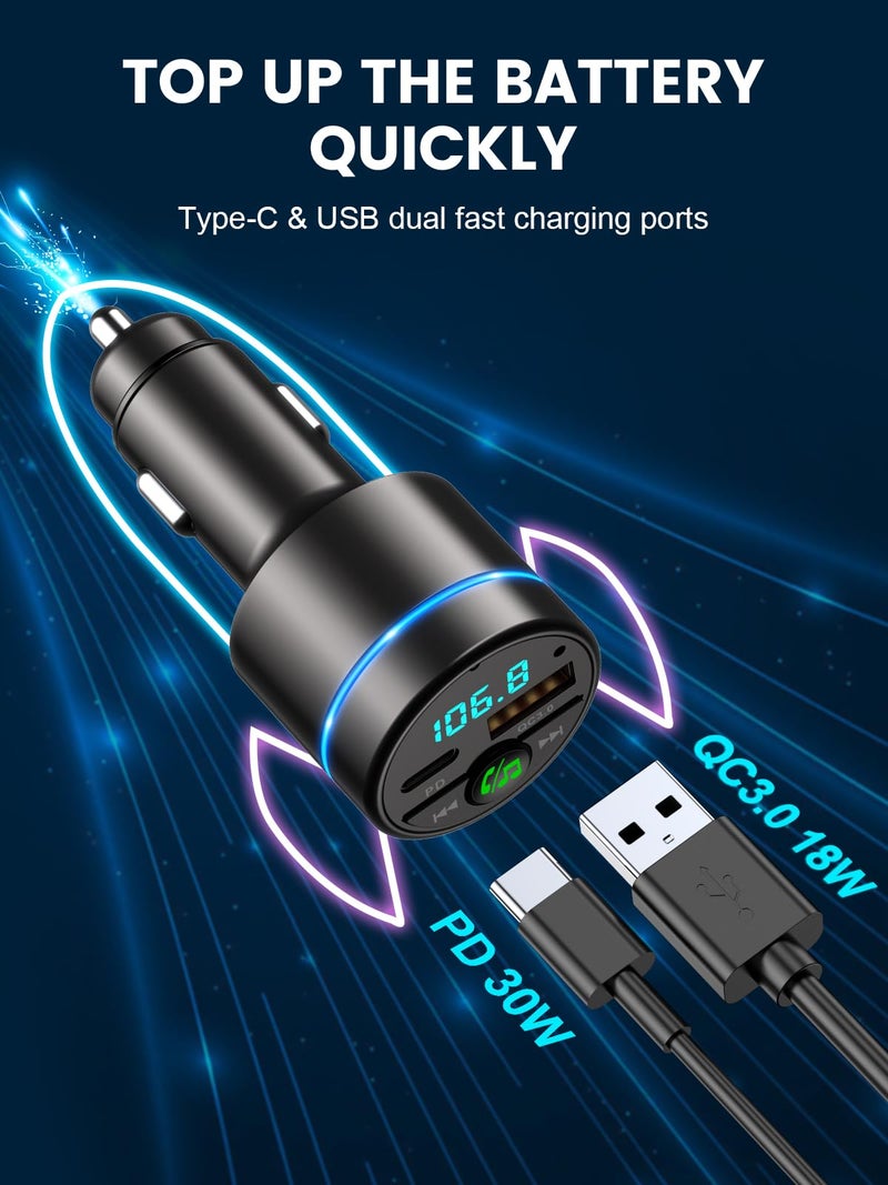 RIWUSI FM Transmitter for Car Bluetooth 5.3, [All-Metal] PD 30W & QC3.0 18W Fast Car Charger, Wireless FM Radio Car Kit Bluetooth Car Adapter, Noise Cancelling Hands-Free Call, Blue Light - Black - Image 3