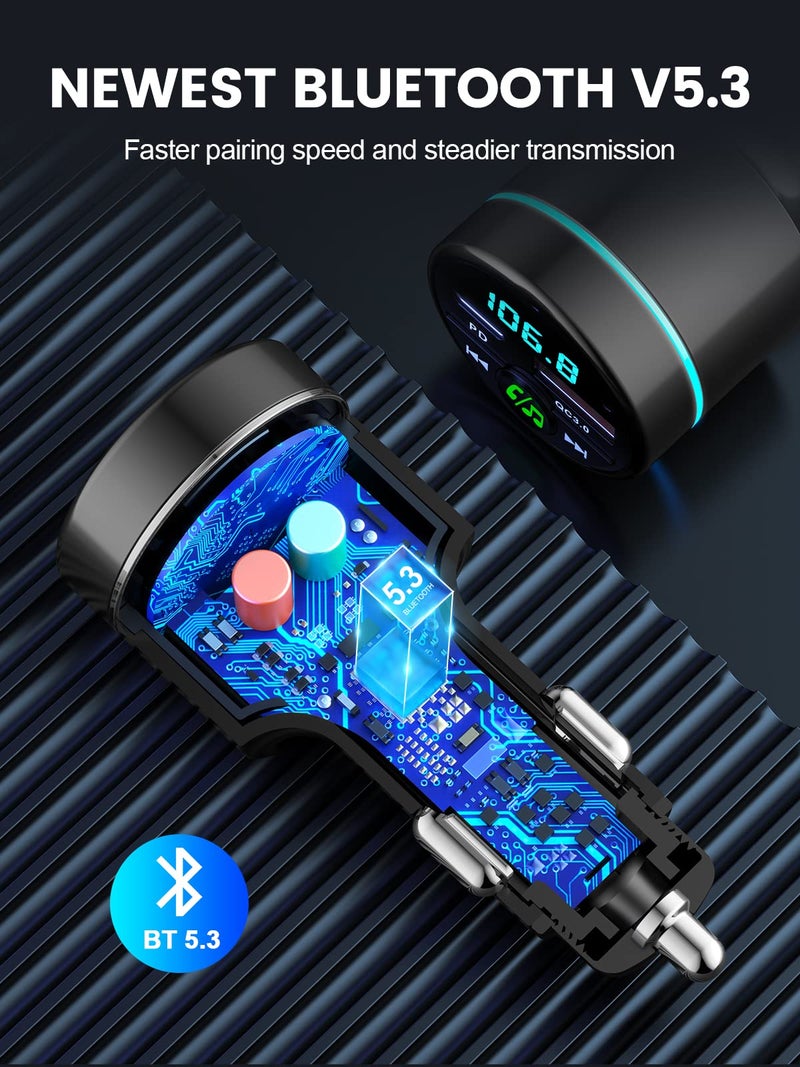 RIWUSI FM Transmitter for Car Bluetooth 5.3, [All-Metal] PD 30W & QC3.0 18W Fast Car Charger, Wireless FM Radio Car Kit Bluetooth Car Adapter, Noise Cancelling Hands-Free Call, Blue Light - Black - Image 5