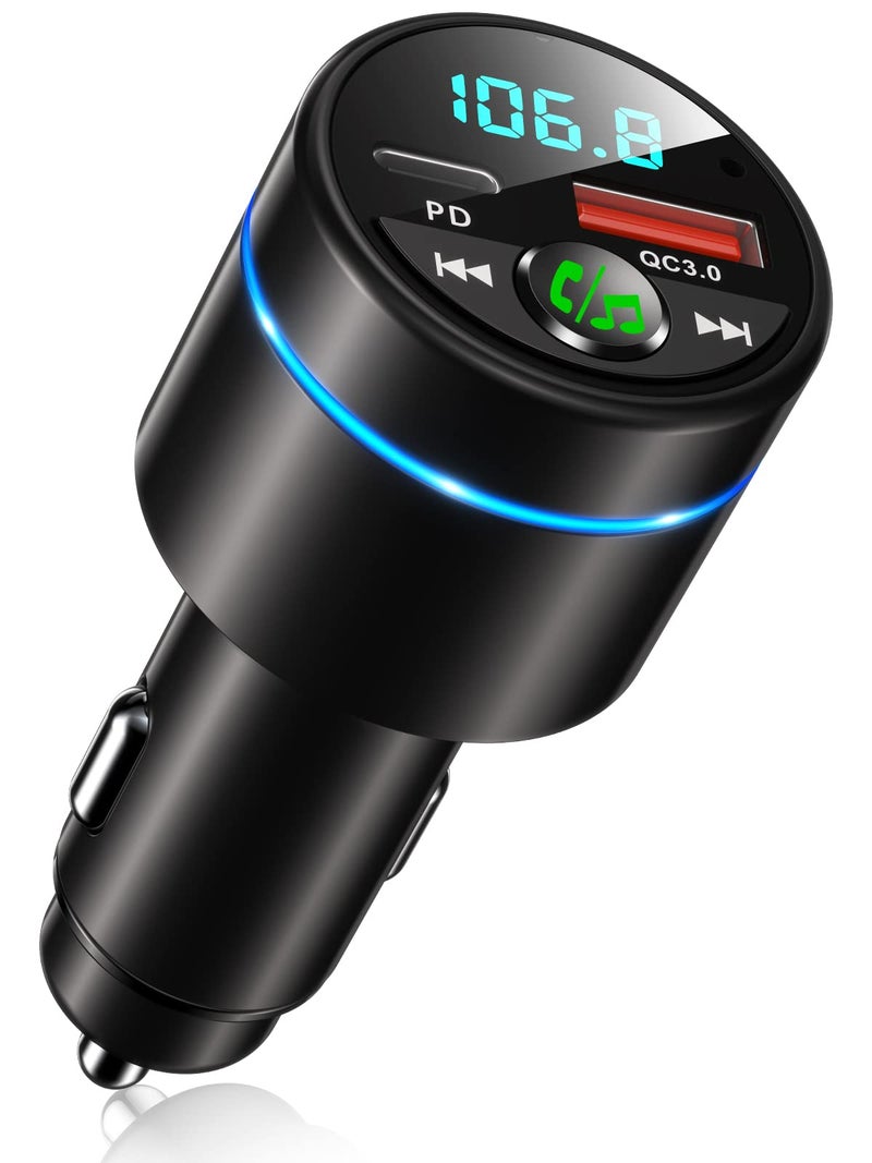RIWUSI FM Transmitter for Car Bluetooth 5.3, [All-Metal] PD 30W & QC3.0 18W Fast Car Charger, Wireless FM Radio Car Kit Bluetooth Car Adapter, Noise Cancelling Hands-Free Call, Blue Light - Black - Image 1