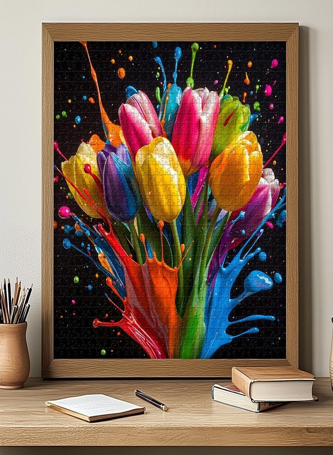 PICKFORU Gradient Tulips 1000 Piece Puzzle for Adults, PICKFORU Coloful Flowers Art Jigsaw Puzzles, Hard Challenging Spring Plant Theme as Wall Decor - Image 4