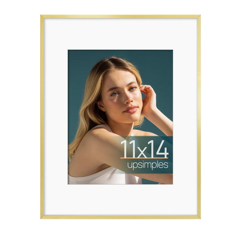 upsimples Aluminum 11x14 Picture Frame Gold, Display Photo 8x10 with Mat or 11 x 14 without Mat, Wall Hanging Metal Poster Frame with Acrylic Cover, 1 Pack - Image 1